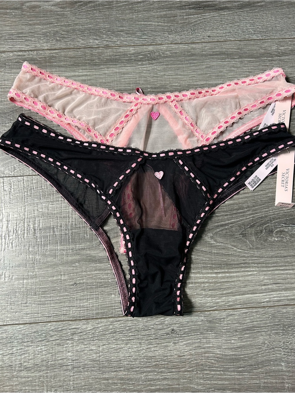Victoria's Secret Black and Pink Sheer Bra Brazilian Panty Open Back